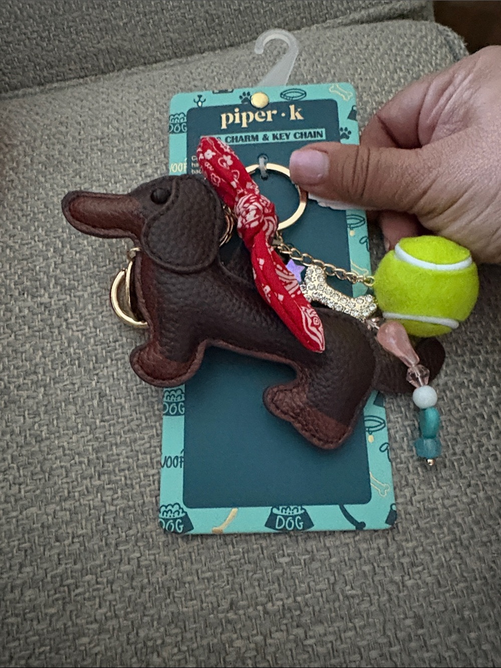 Piper Brown Dachshund Dog Charm Keychain with Red Bandana